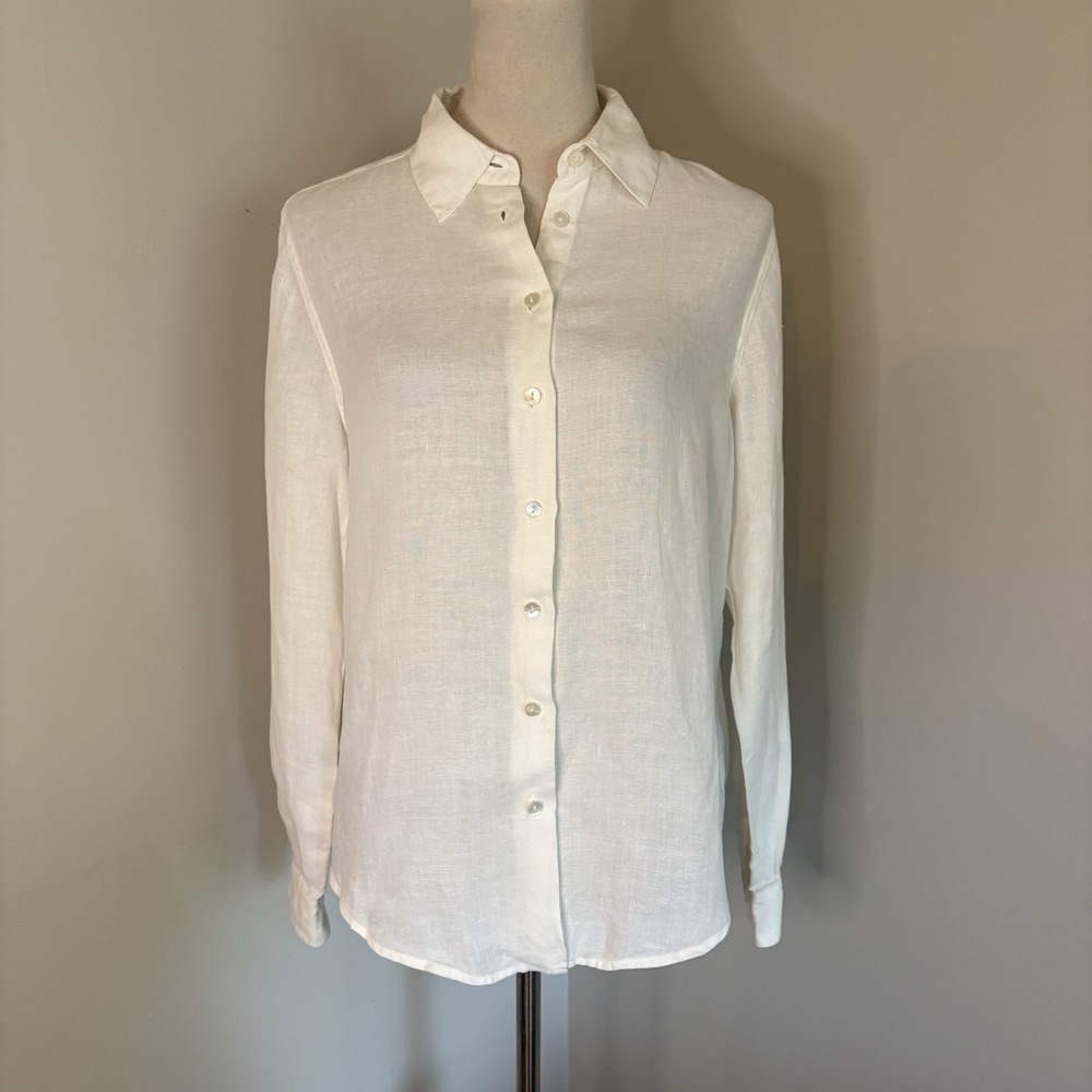 VTG 90s Talbots 100% Irish Linen White Button Up Shirt Womens Sz 8 Hong Kong EUC
